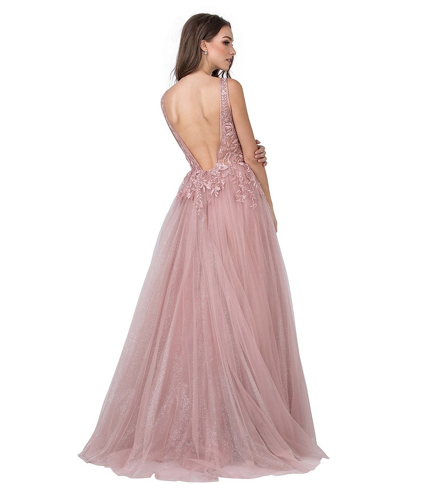 Coya Collection Sleeveless Plunging V-Neck Embroidered Lace Tulle Ball Gown