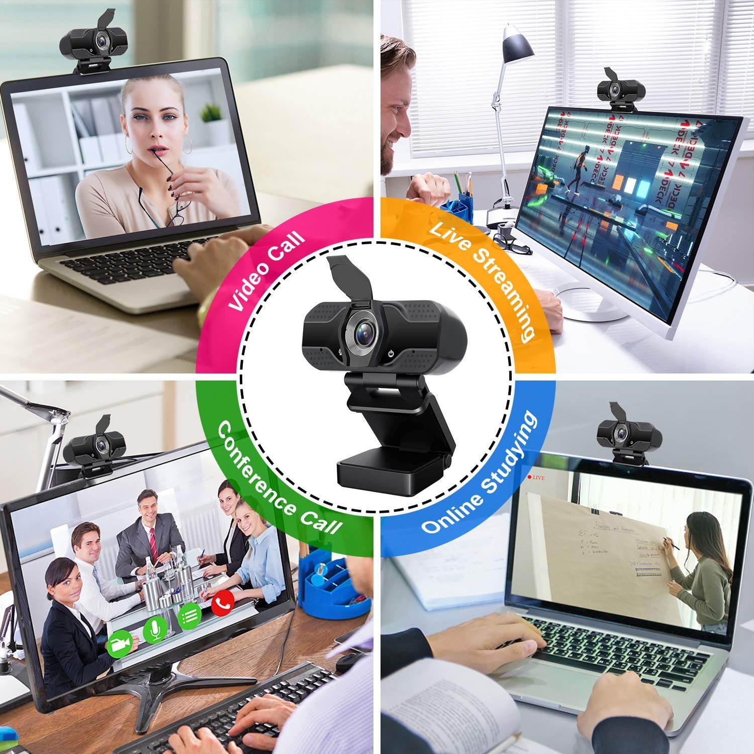 Webcam with Microphone for Desktop, Full HD 1080P Web Camera with Privacy Cover and Tripod, Plug and Play USB Computer Web Cam for Video Calling Gaming Recording Conferencing