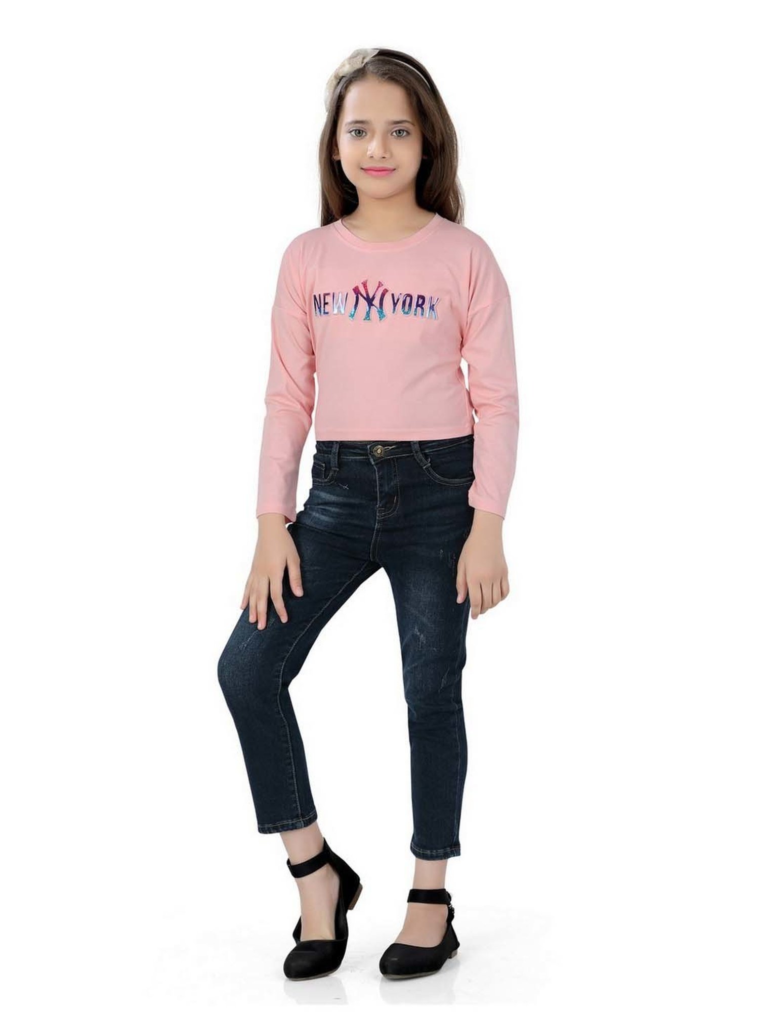 poplins Kids Peach Cotton Printed Full Sleeves Top