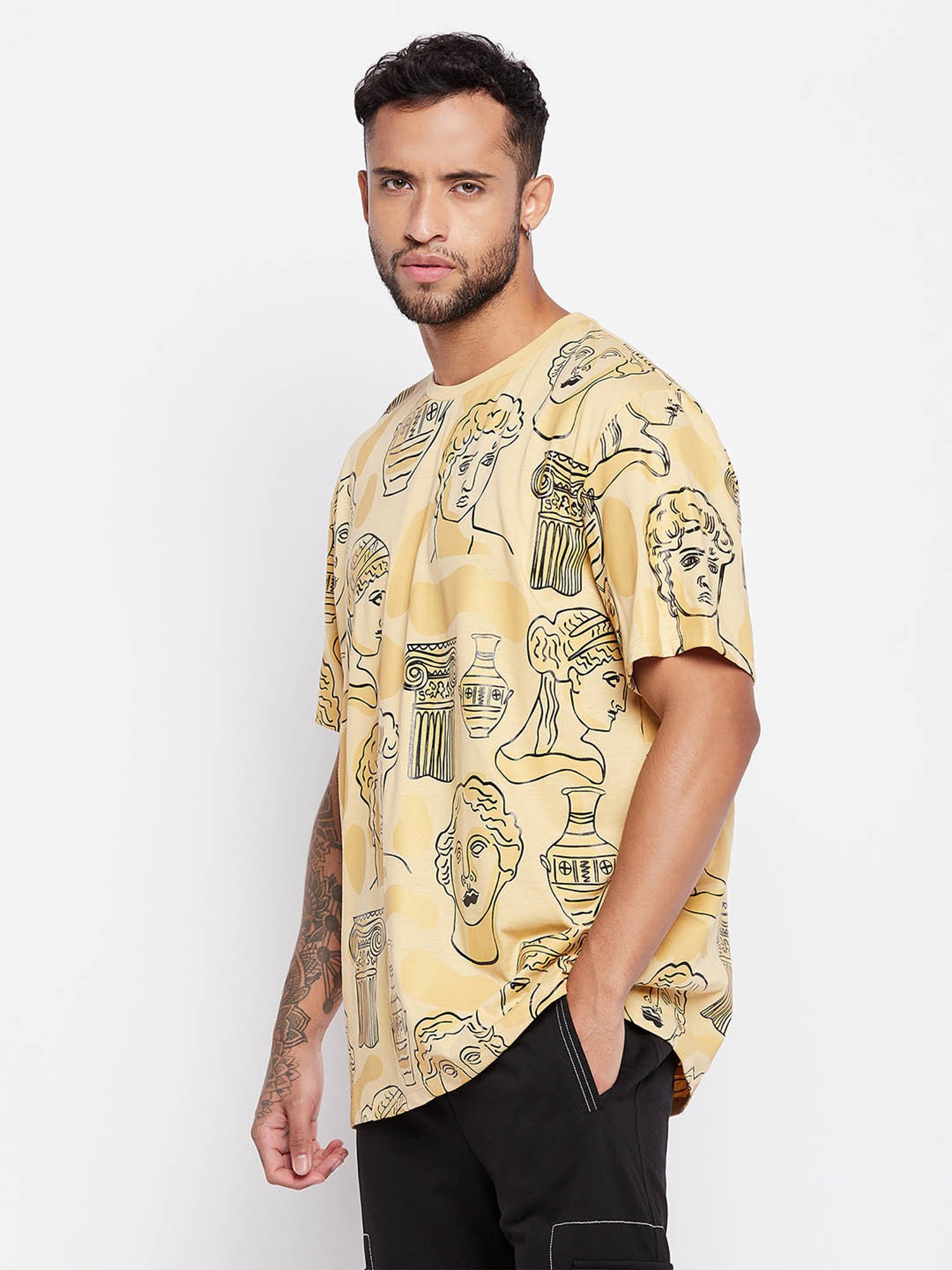 EDRIO Beige Regular Fit Printed T-Shirt