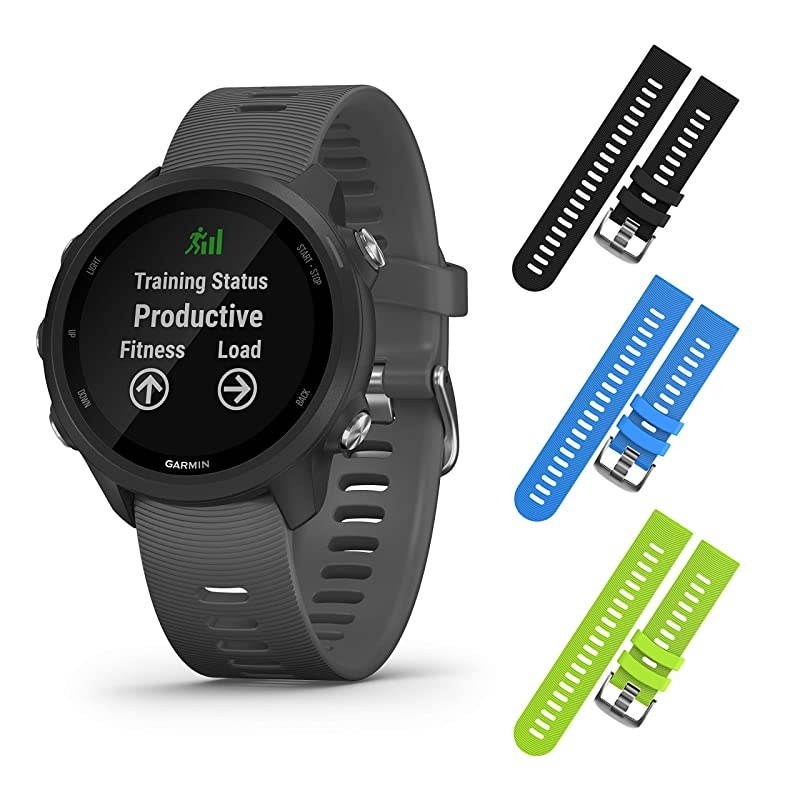 Garmin Forerunner 245 GPS Running Smartwatch with Included  3 Straps Bundle (Slate Grey 010-02120-00, Black/Blue/Lime)
