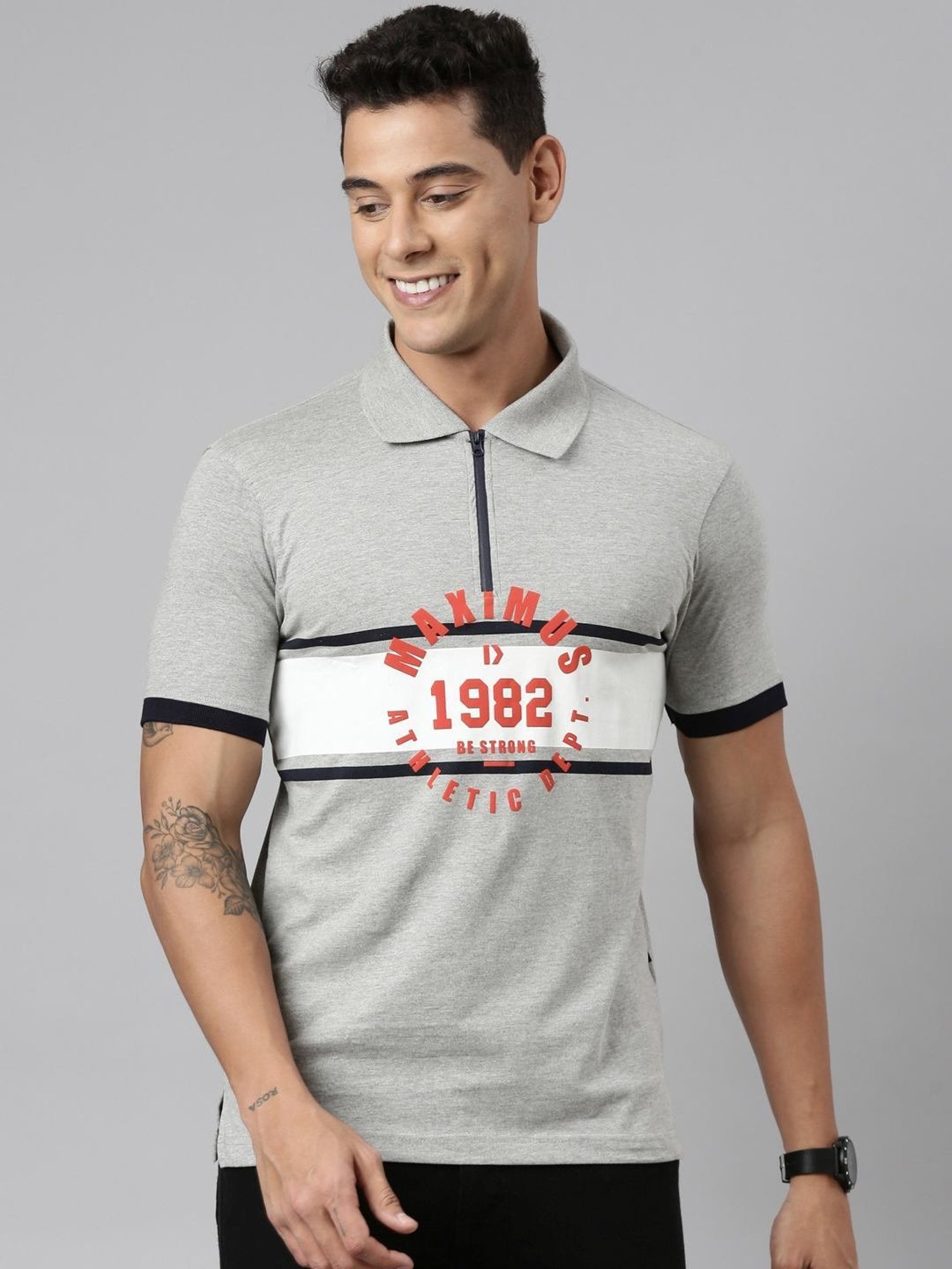 Dixcy Scott Maximus Grey Cotton Regular Fit Printed Polo T-Shirt