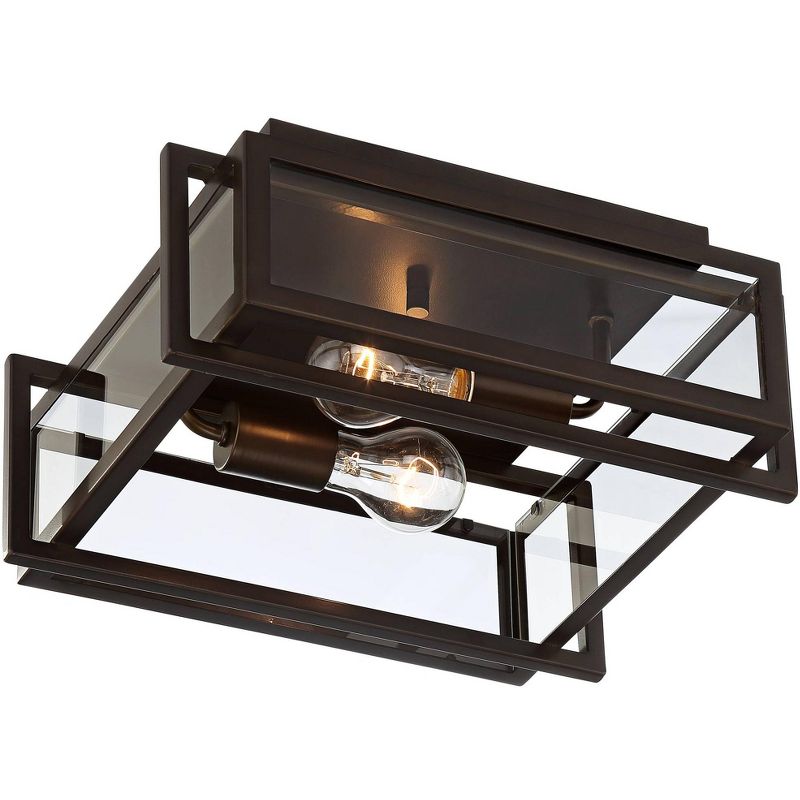 Franklin Iron Works Modern Industrial Ceiling Light Flush Mount Fixture Oiled Bronze 14" Wide 2-Light Clear Glass Bedroom Hallway