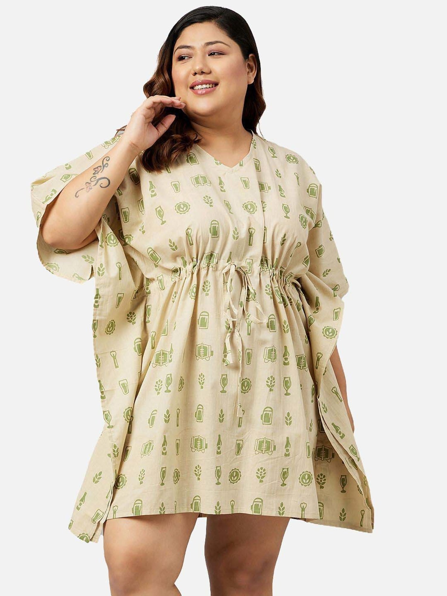 Secrets By ZeroKaata Beige Cotton Printed Kaftan