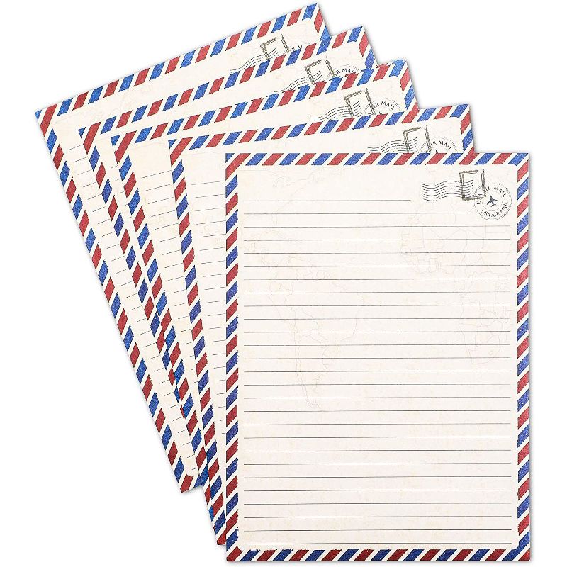 Pipilo Press 48-Pack Vintage Stationery Paper & Envelopes Letter Set, Lined Classic Airmail Travel Theme, 6.9 x 9.25"