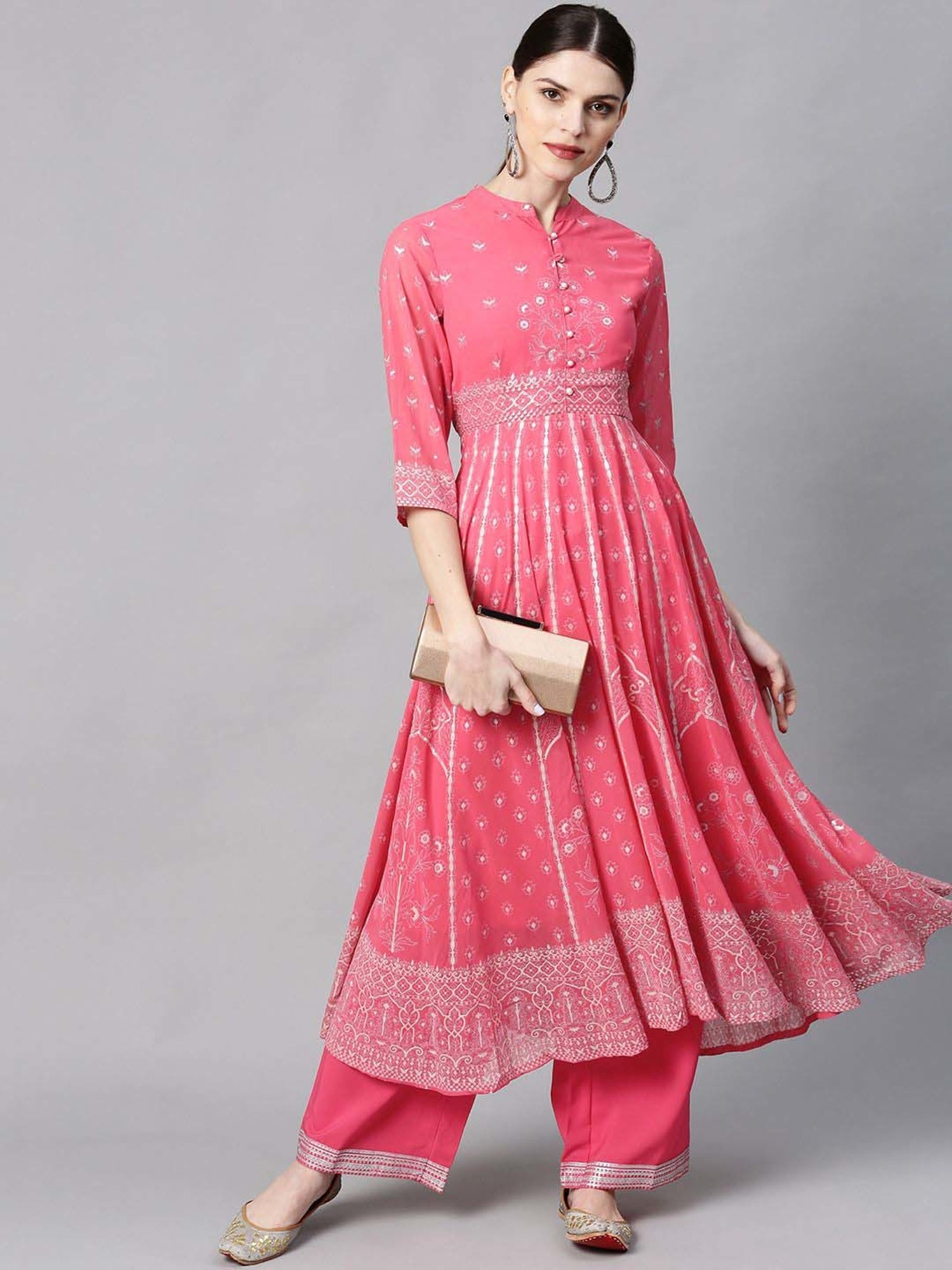 Juniper Coral Ethnic Motif Printed Georgette Anarkali Kurta & Palazzo Set With Buttons