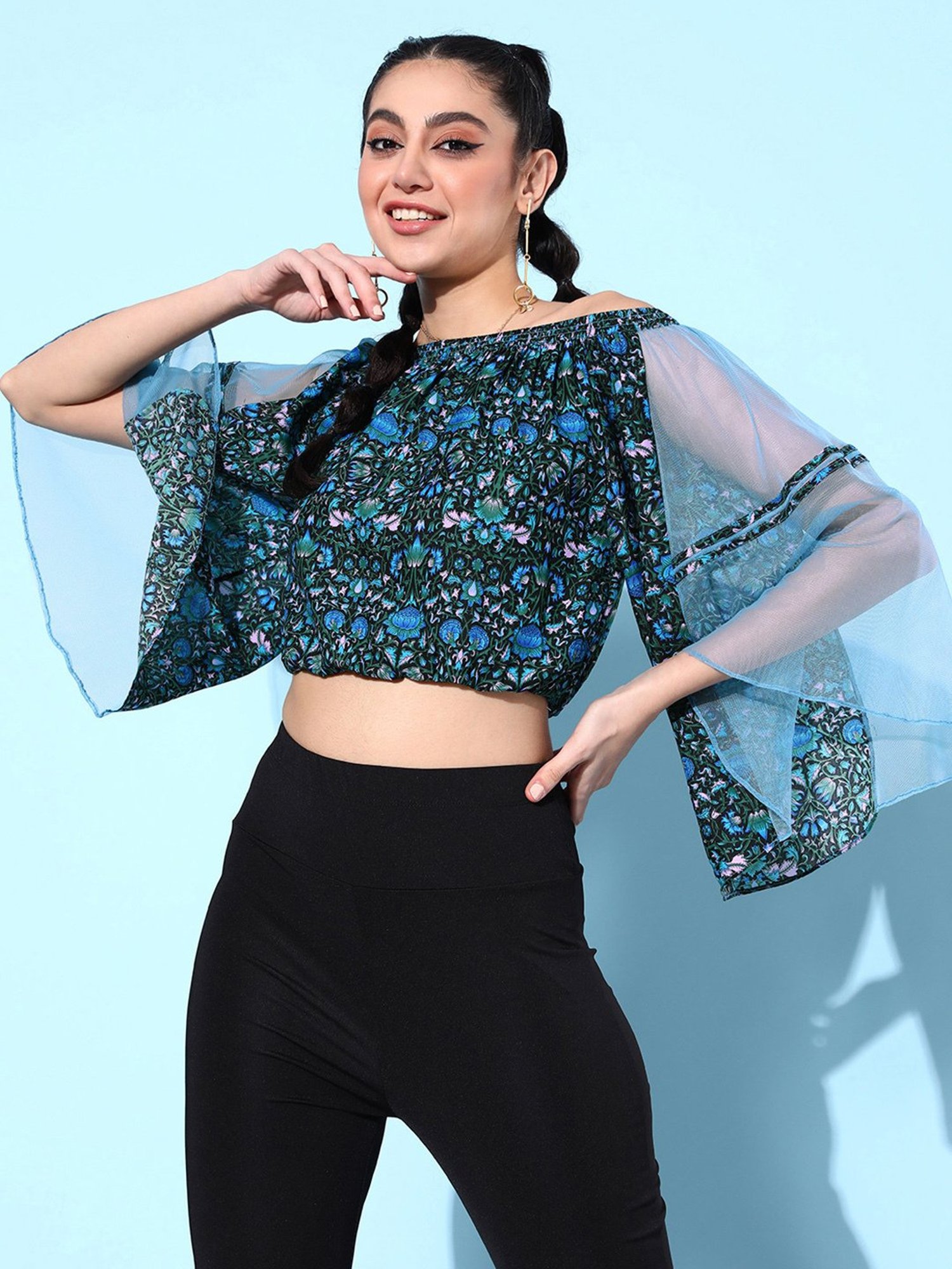 QUIERO Dark Blue Printed Crop Top