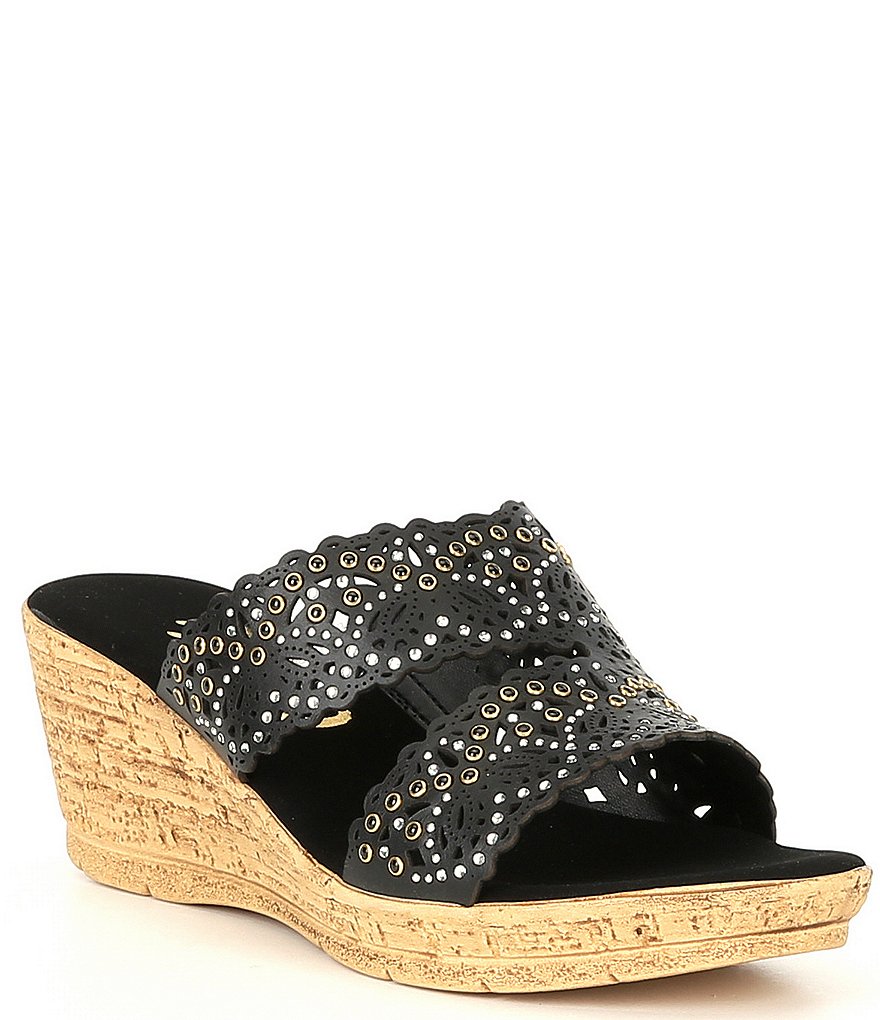 Onex Theresa Leather Perforated Studded Cork Wedge Slides