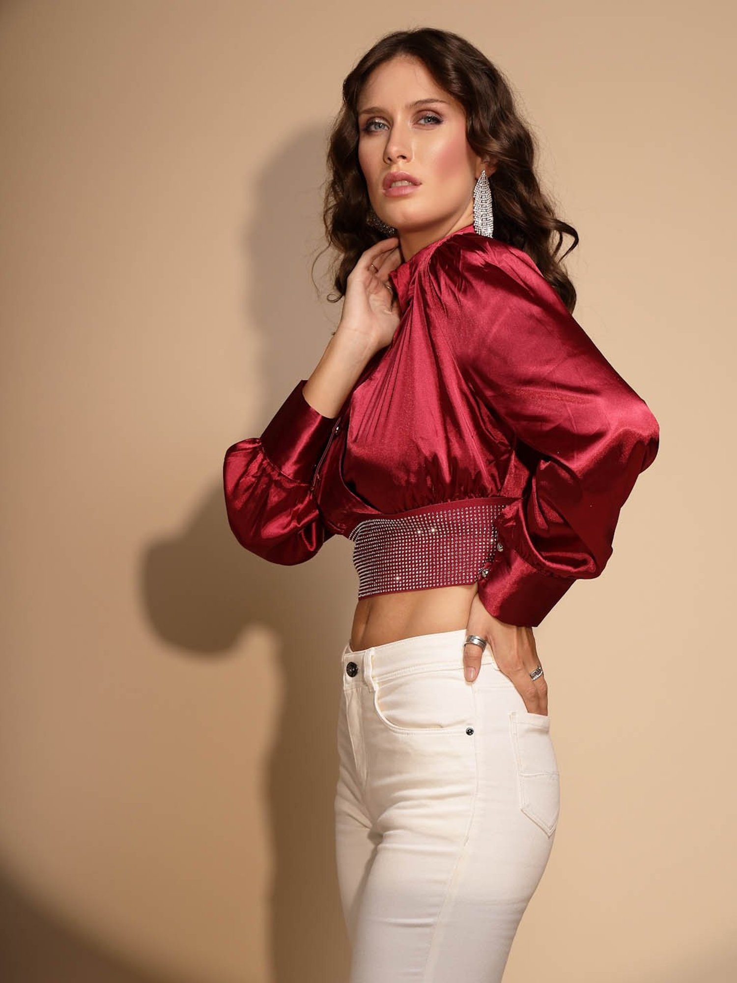 Global Republic Maroon Embellished Crop Top