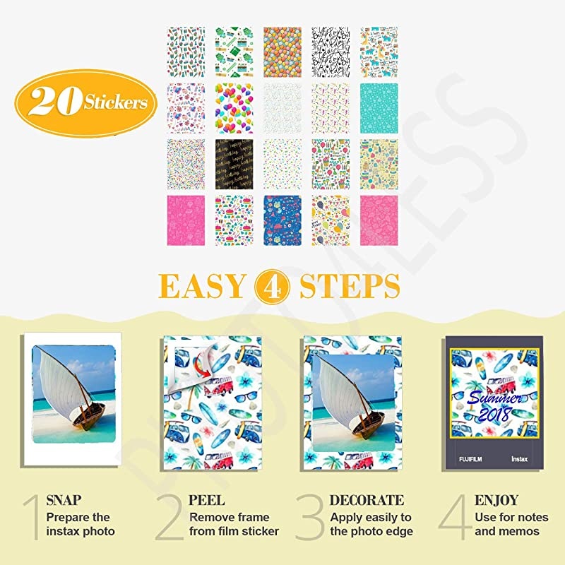 instax Mini Instant Film 20 Exposures + 20 Sticker Frames for Fuji Instax Prints Birthday