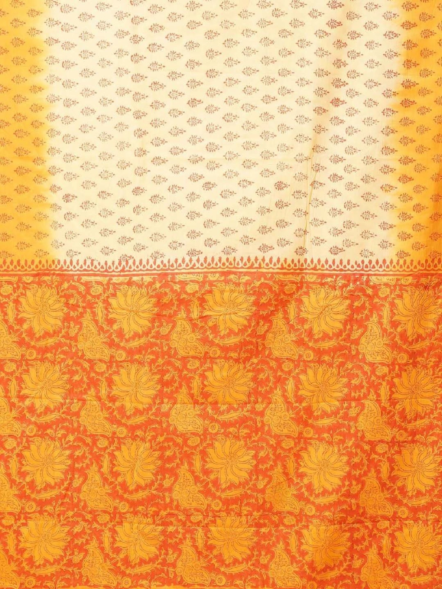Unnati Silks Cream & Orange Cotton Printed Saree With Unstitched Blouse