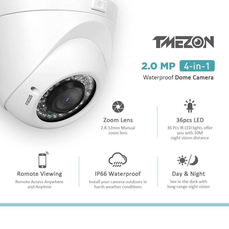 HD 1080P 4-in-1 (TVI/AHD/CVI/CVBS) Security Dome Camera, 2.8mm-12mm Manual Focus/Zoom Varifocal Lens, Weatherproof Metal Housing 36 IR-LEDs Day & Night Monitoring (White) TMEZON