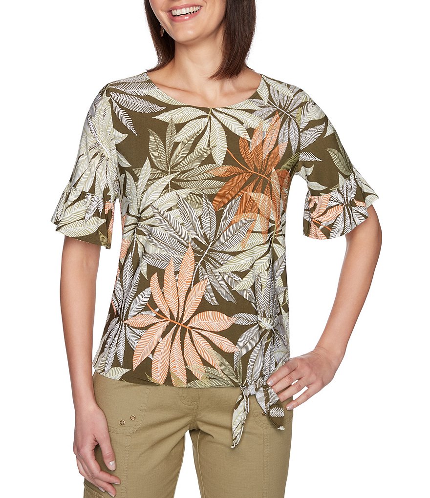 Ruby Rd. Leaf Puff Print Jewel Neck Short Flounce Sleeve Front Side Tie Top