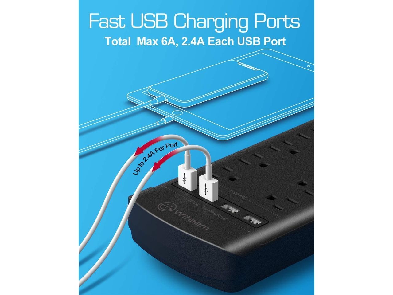 Power Strip,Witeem Surge Protector with 12-Outlet (1875W/15A,4360Joules) and 4 USB Charging Ports (5V/6A,30W),6Ft Extension Cord,Wall Mountable Overload Protection Outlet for Home & Office, Black