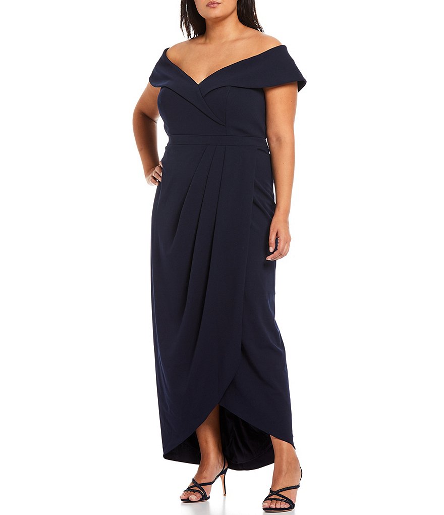 Xscape Plus Size Off-the-Shoulder V-Neck Short Sleeve Tulip Skirt Sheath Gown
