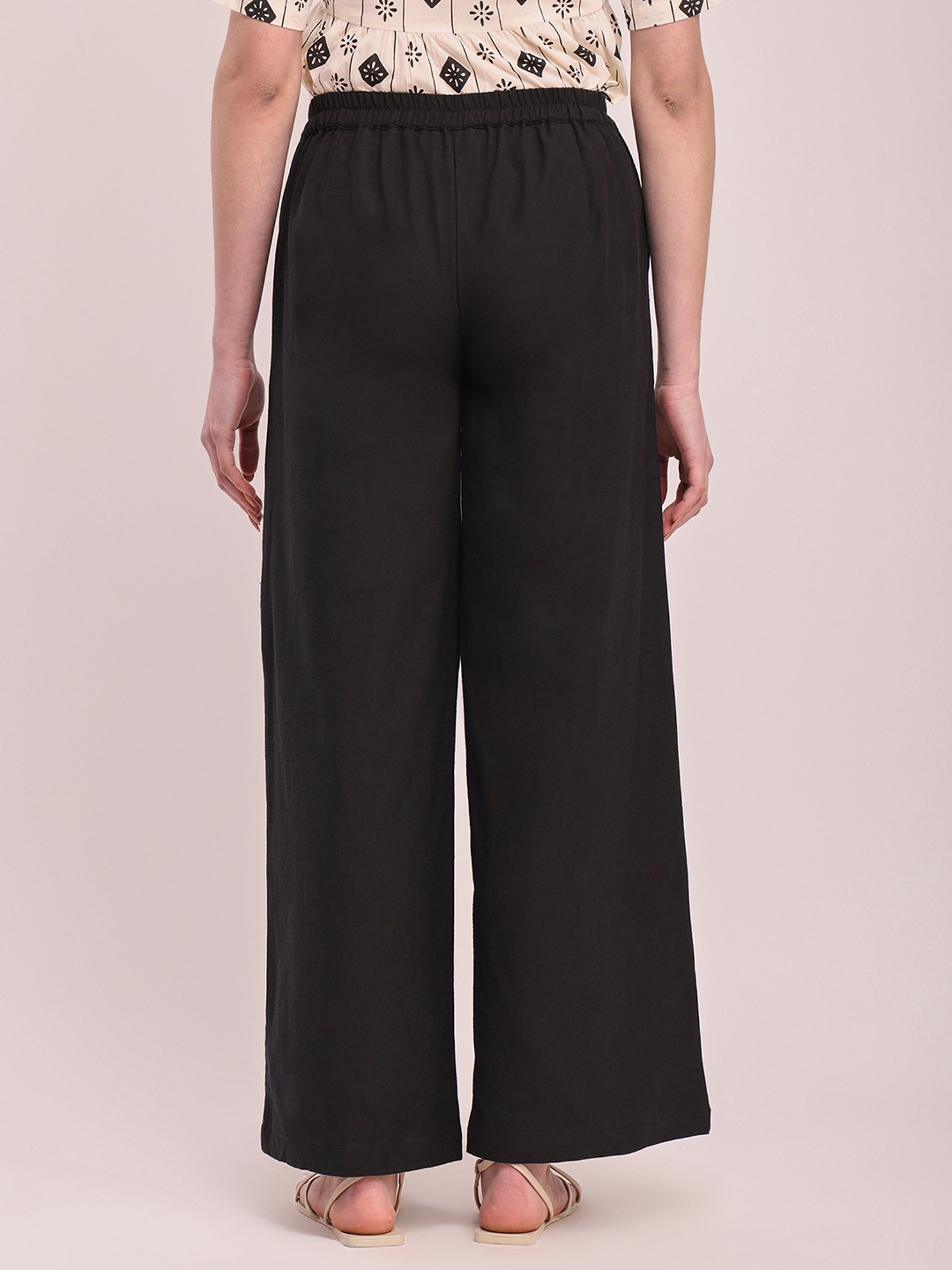 Pink Fort Black Cotton Relaxed Fit Palazzos