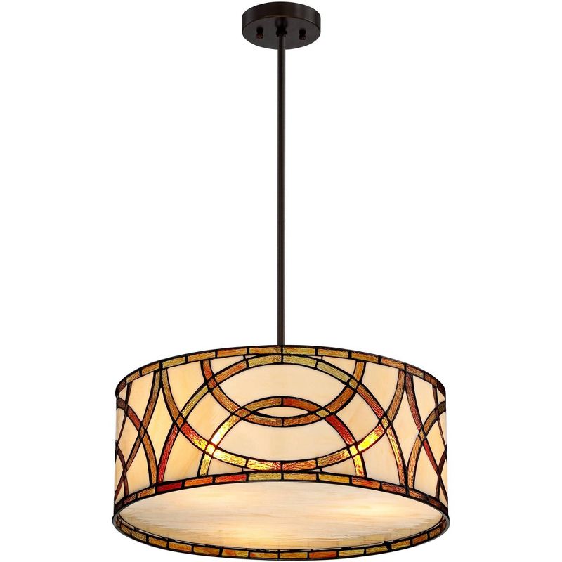 Robert Louis Tiffany Bronze Drum Pendant Chandelier 20" Wide Tiffany Style Art Glass Circles Fixture for Dining Room House Kitchen
