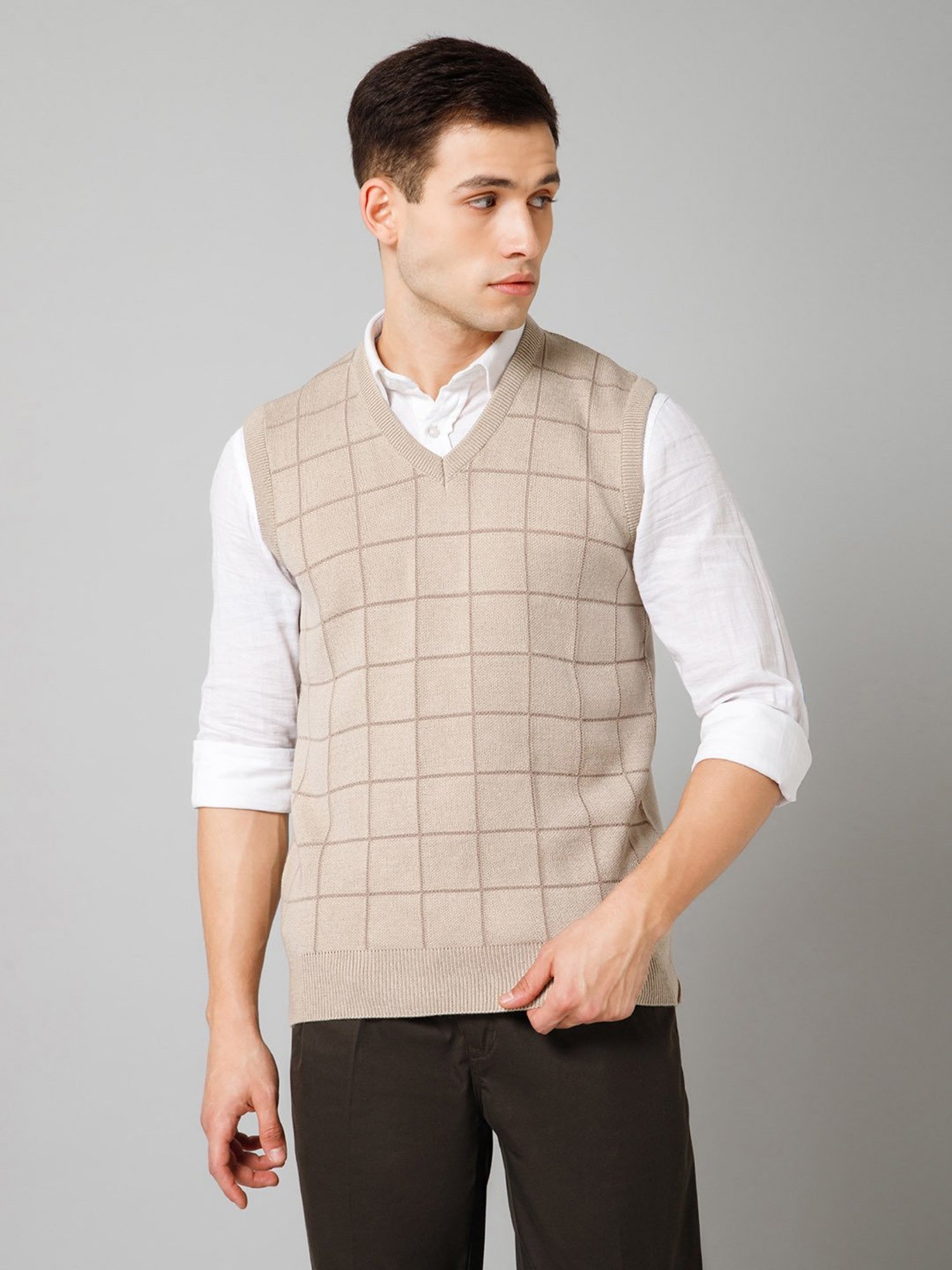 Cantabil Beige Regular Fit Sleeveless Check Sweater