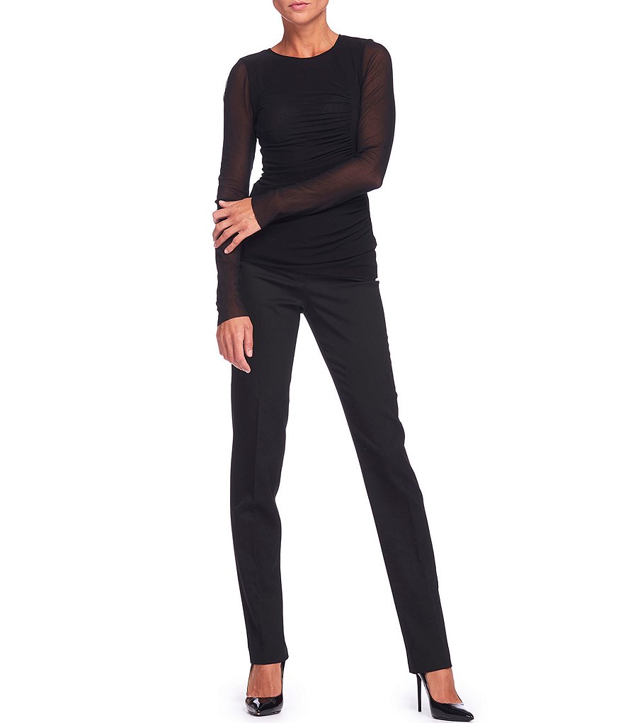 FUZZI Tulle Mesh Knit Crew Neck Ruched Long Sleeve Top
