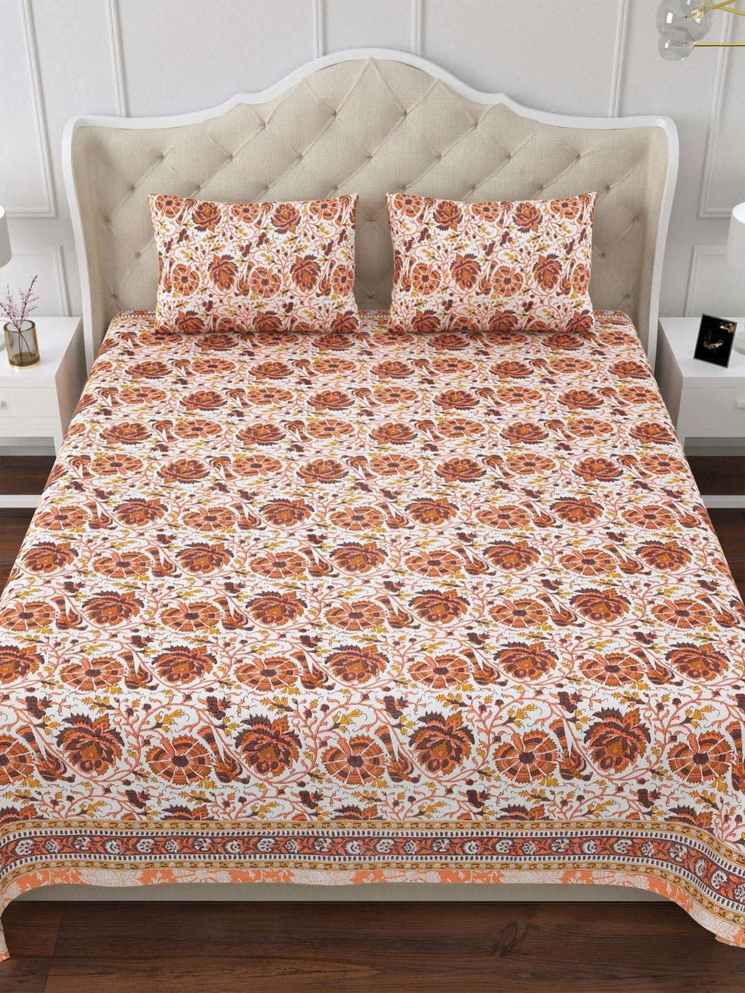 Aapno Rajasthan Rajwada Rosewood Orange & White Cotton 140 GSM Double Bedsheet With 2 Pillow Cover