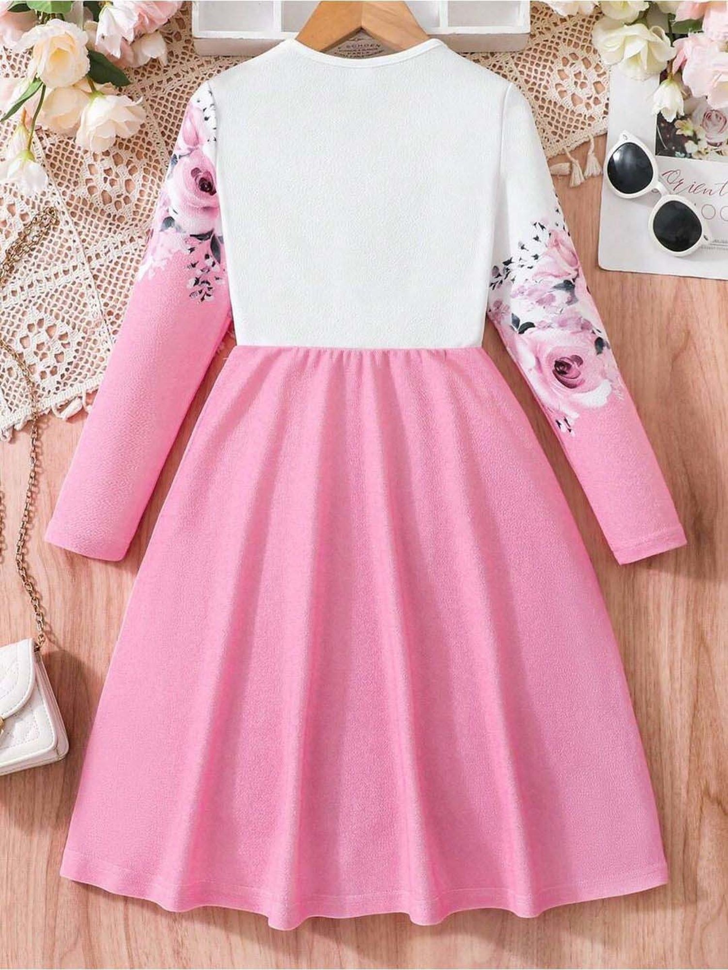 Bolly Lounge Girls Pink & White Floral Full Sleeves Dress