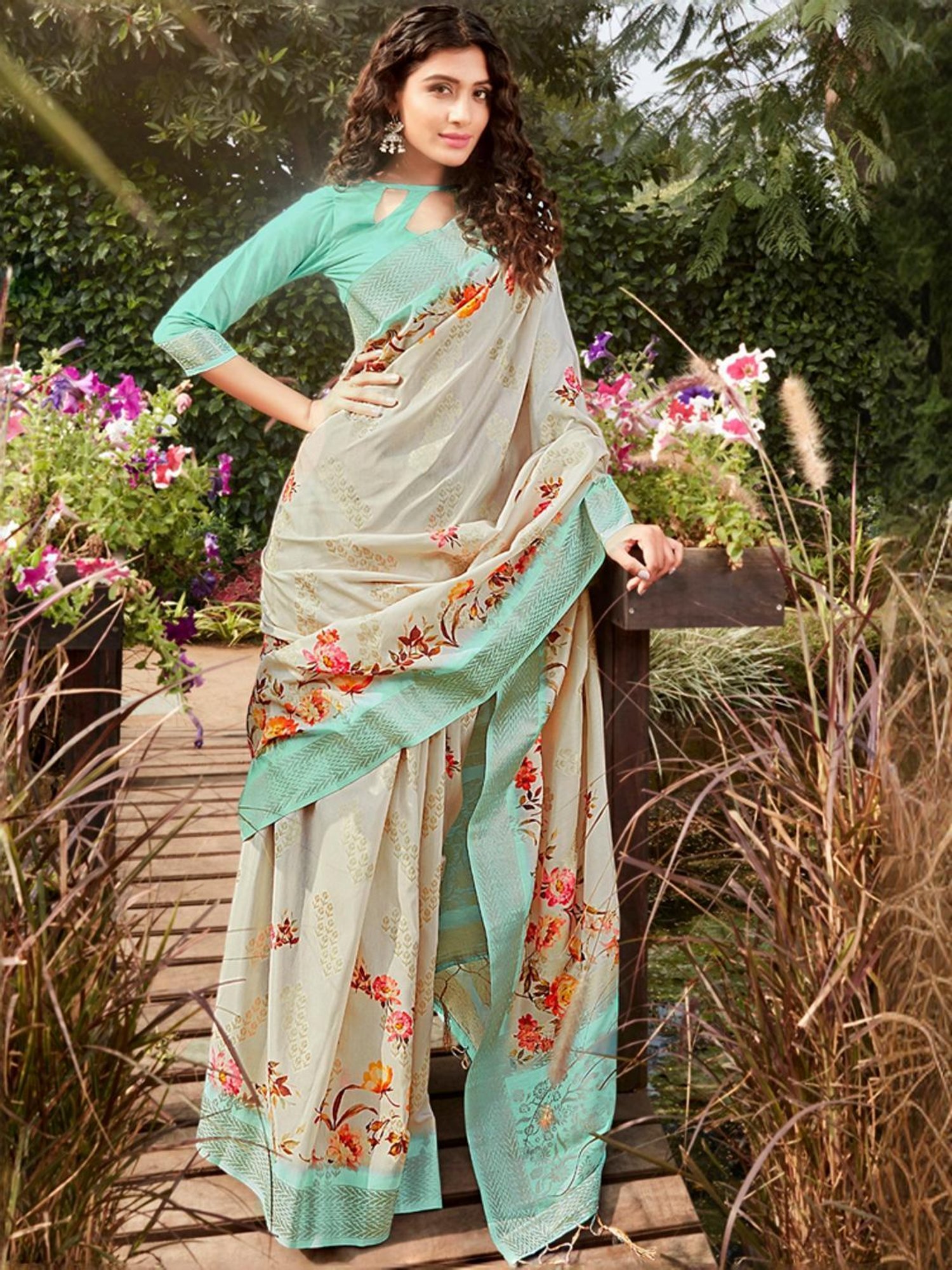 Unnati Silks Grey Cotton Printed Saree With Unstitched Blouse