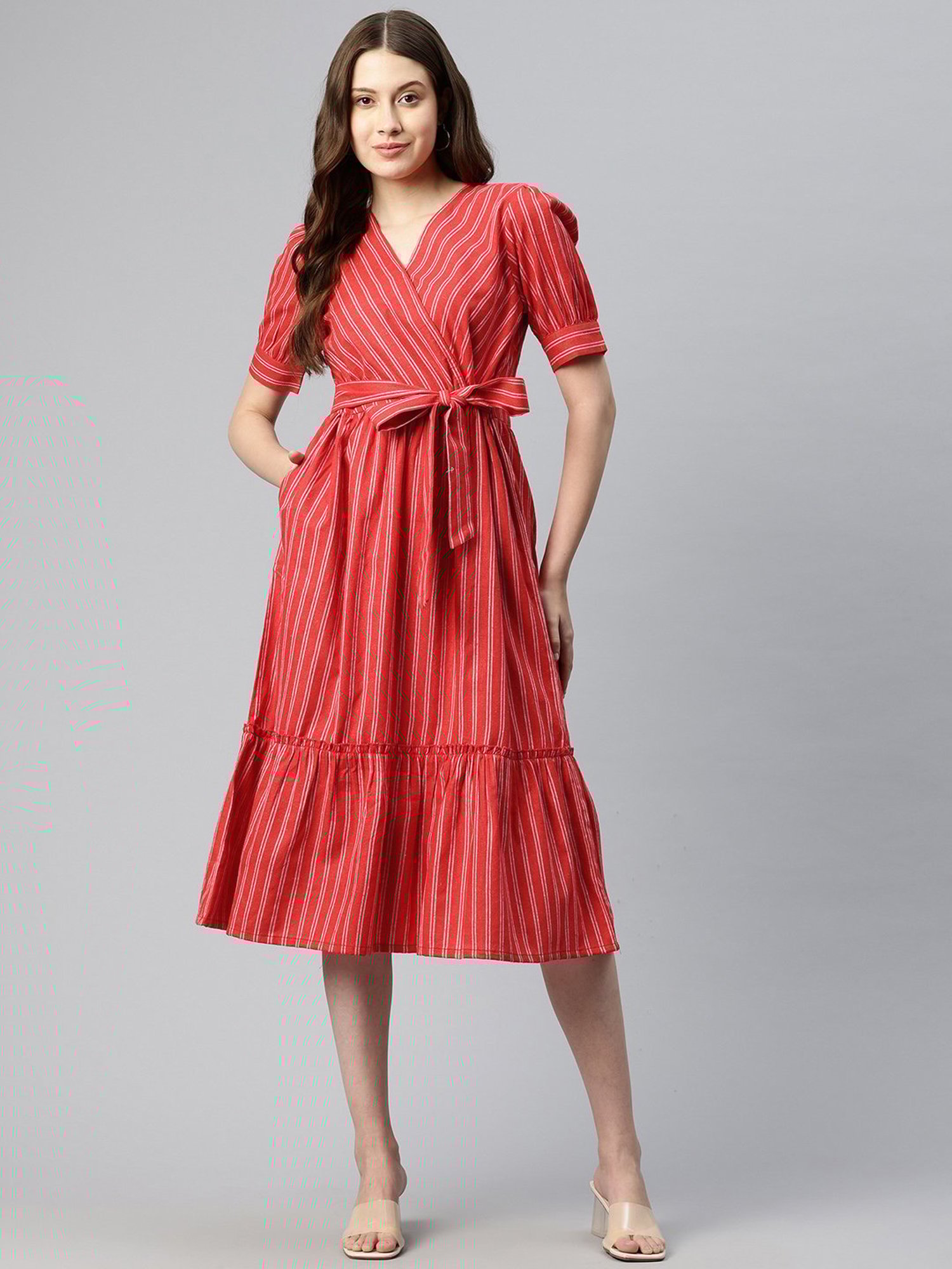 Cottinfab Red & White Cotton Striped Midi Dress