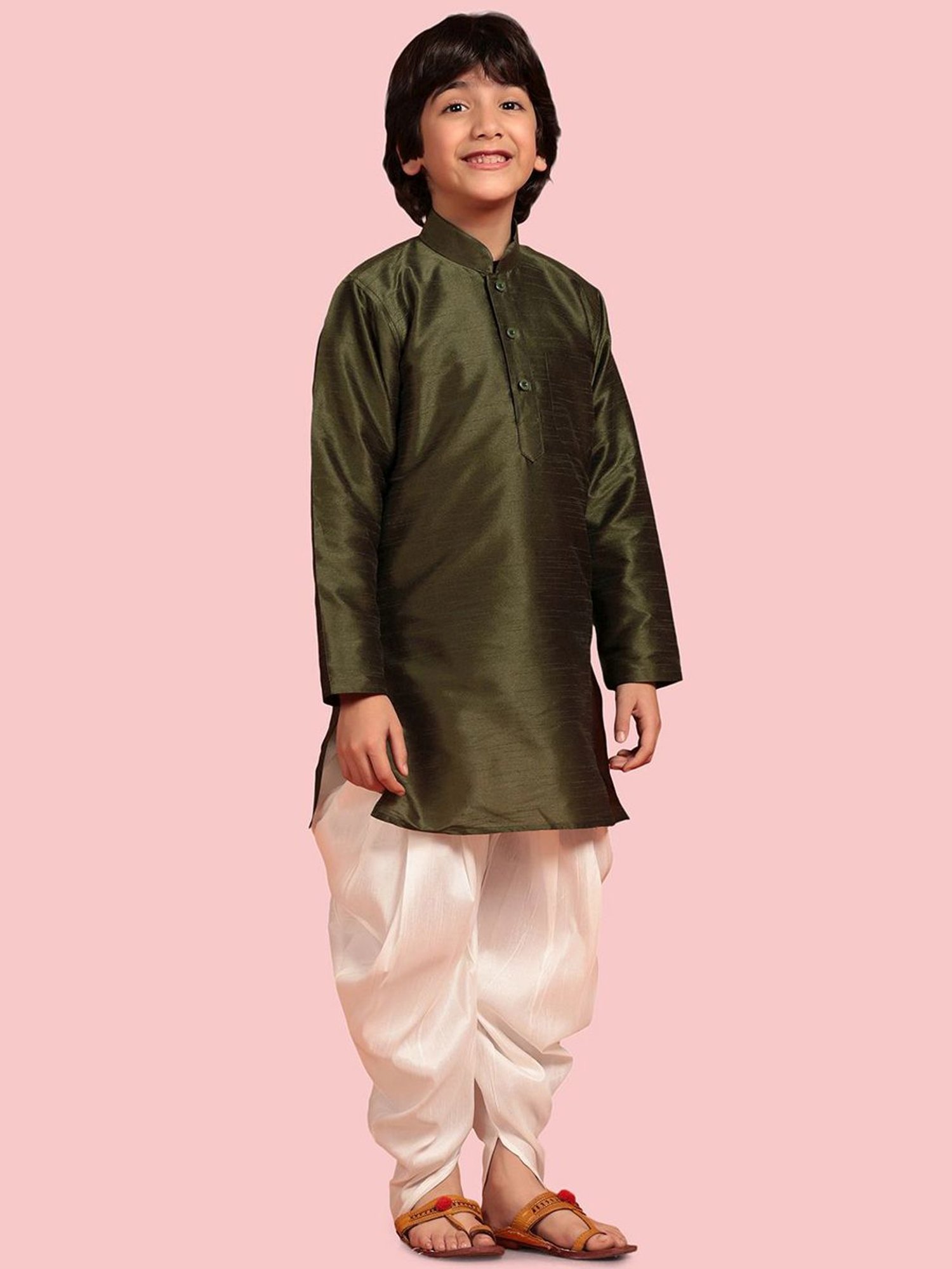 AJ Dezines Kids Olive Green & White Regular Fit Full Sleeves Kurta Set