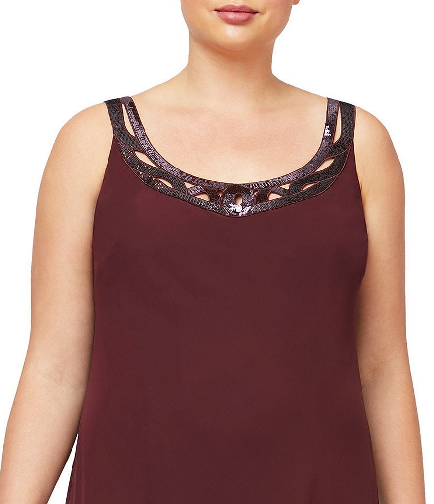 Ignite Evenings Plus Size Scoop Neck Long Sleeve Sequin Trim Tiered 2-Piece Jacket Dress