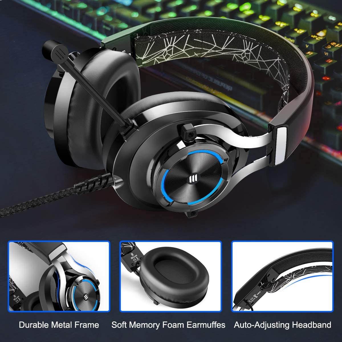 EKSA E3000 USB Gaming Headset PS4 Xbox One Headset with Noise Cancelling Mic & RGB Light - Gaming Headphones for PC, Laptop, Xbox One Controller (Adapter Not Included), PlayStation 4, Nintendo Switch