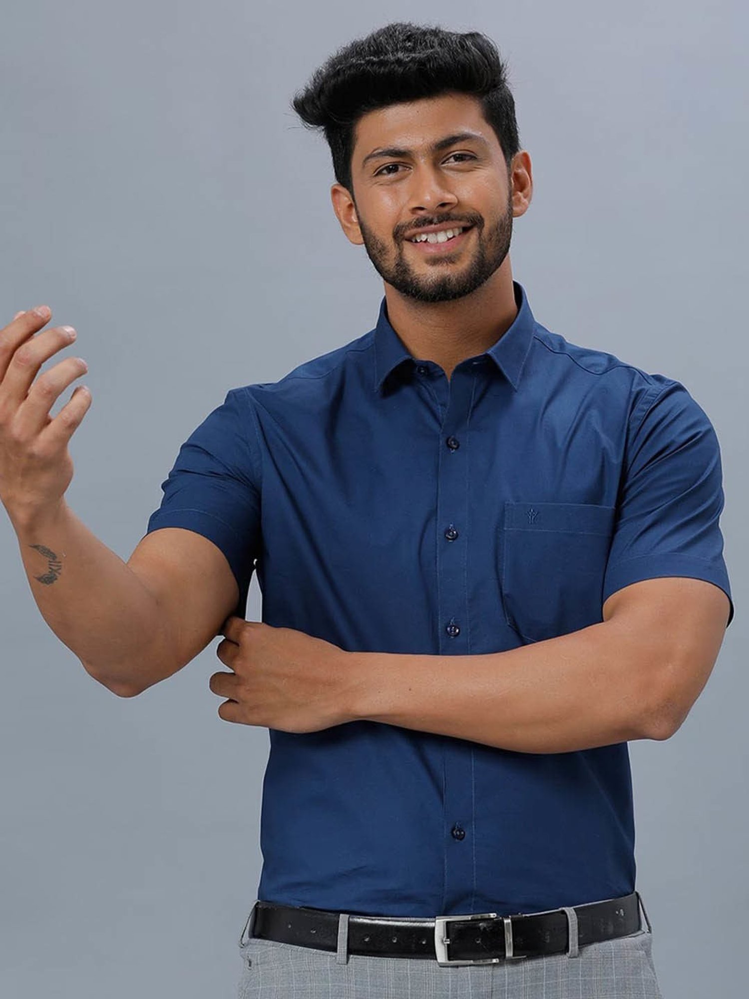 Ramraj Dark Blue Cotton Regular Fit Shirt