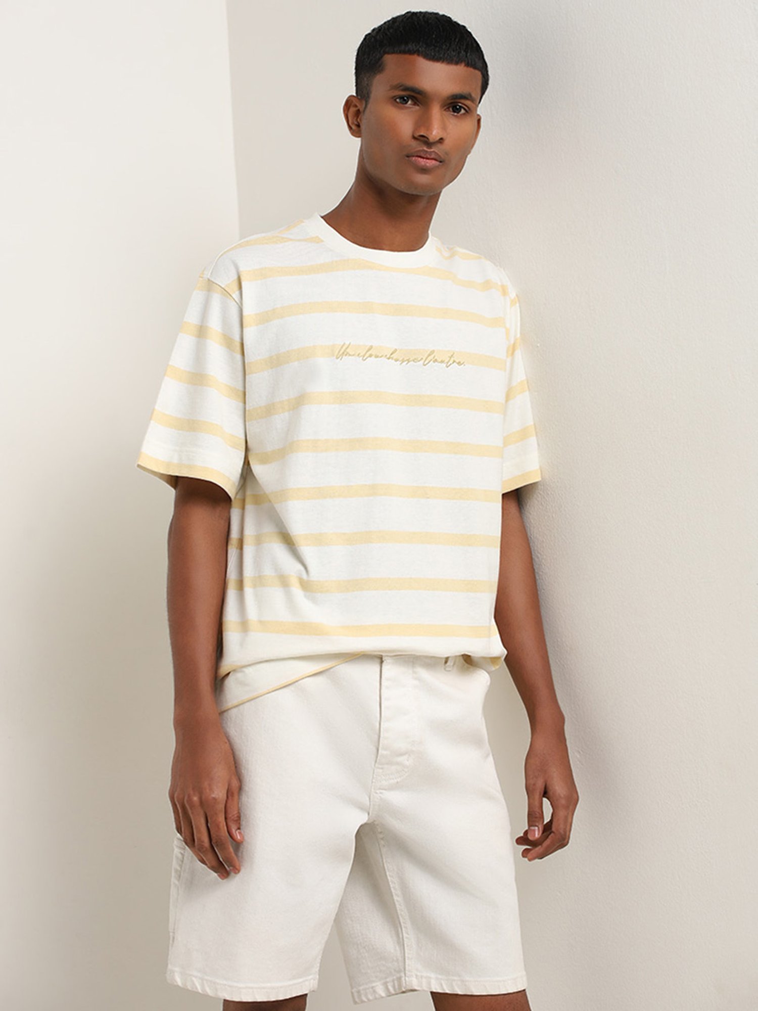 Nuon by Westside Yellow Striped Relaxed-Fit Cotton T-Shirt