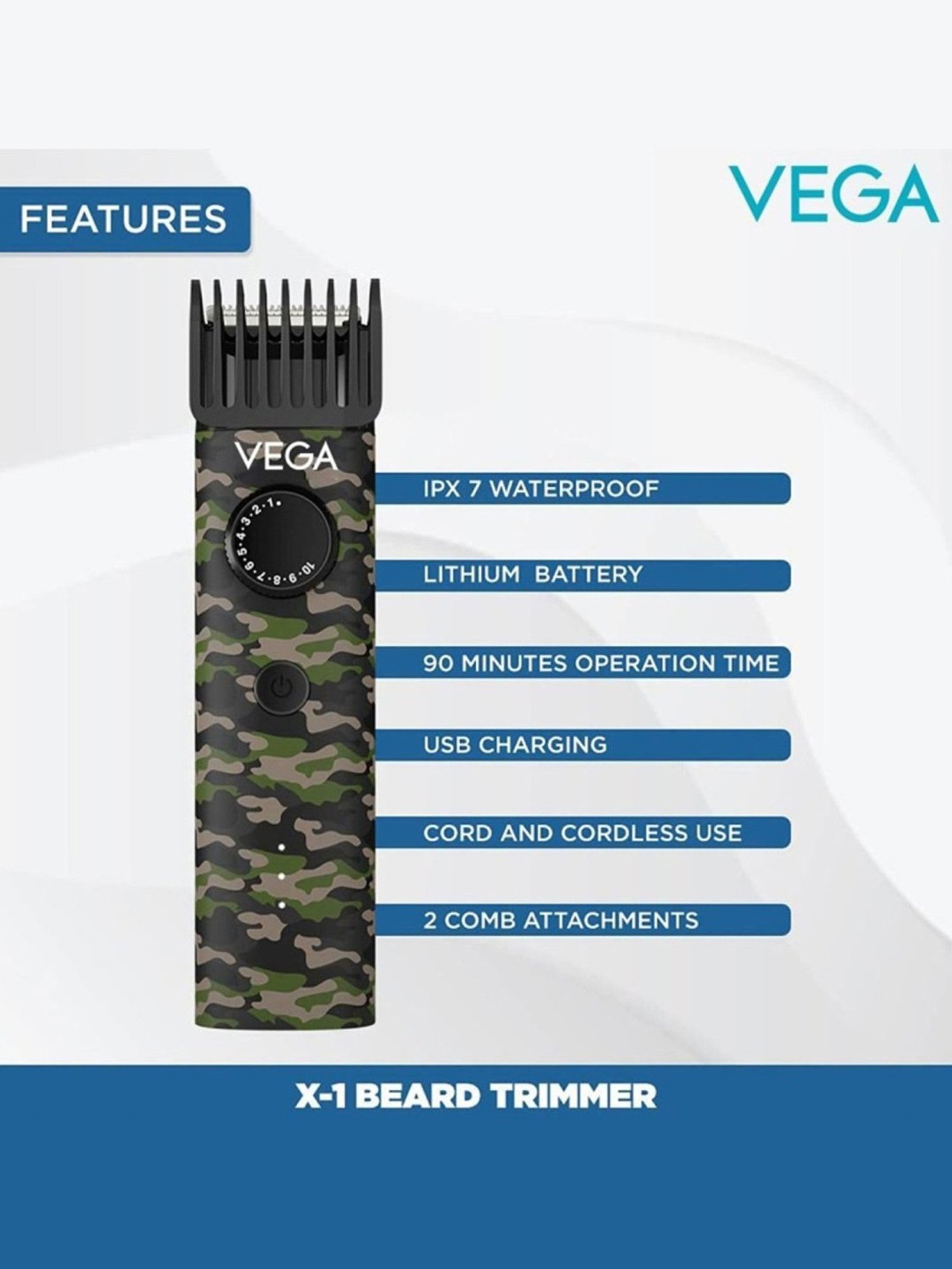 Vega Men X1 Beard Trimmer for Men with Quick Charge, 90 Min Run-time, Waterproof, 40 Length Settings