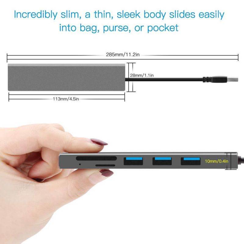 USB 3.0 Hub Ultra Slim 3-Port Aluminum Hub with 2-Slot SD/TF Card Reader Combo, 5 in 1 Superspeed USB 3.0 Hub for MacBook Pro 13/15, iMac, Mac Pro/Mini, Surface Pro, PCs and More - Gray