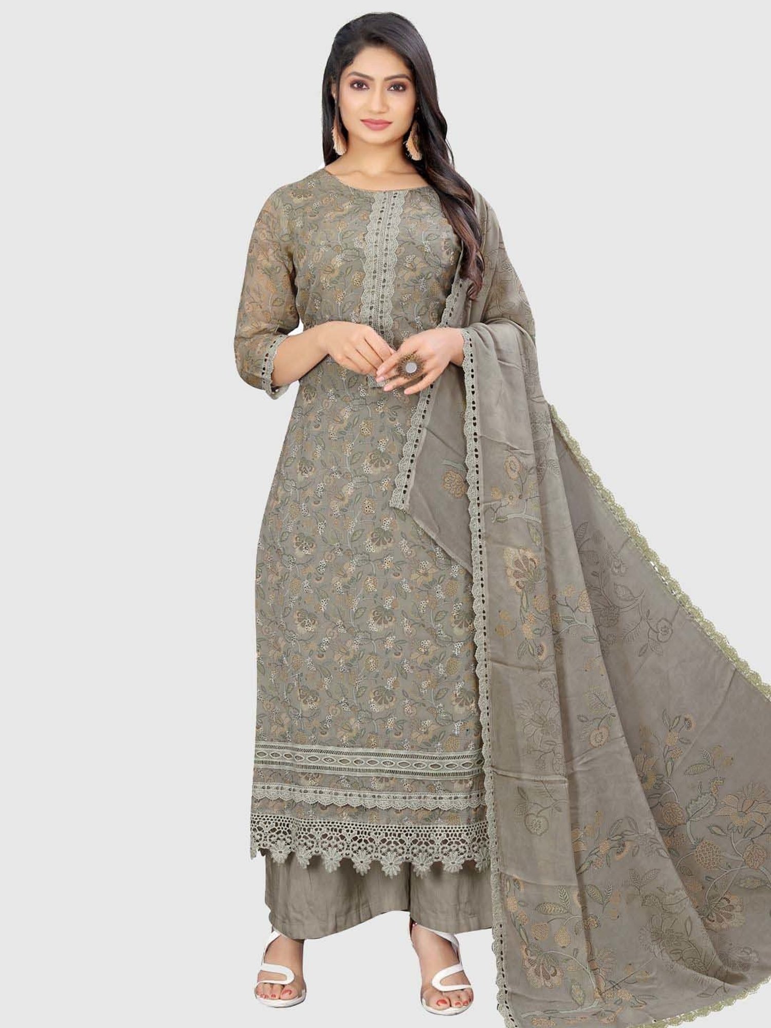 Stylee LIFESTYLE Grey Floral Print Unstitched Dress Material