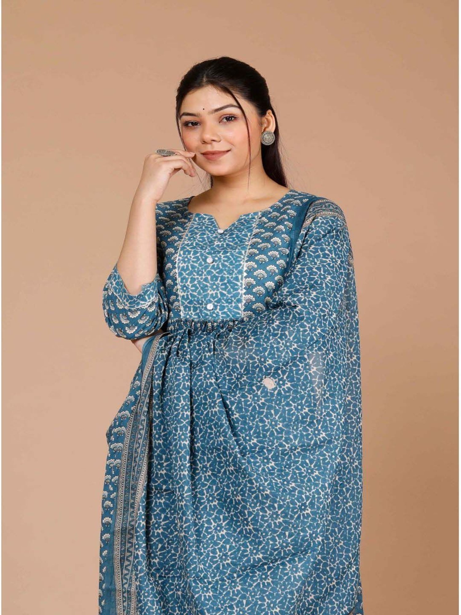 Miravan Blue Cotton Printed Kurta Pant Set With Dupatta