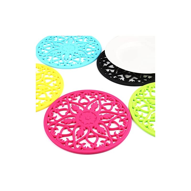 3 Set Silicone Multi-Use Intricately Carved Trivet Mat - Insulated Flexible Durable Non Slip Coasters (Black)