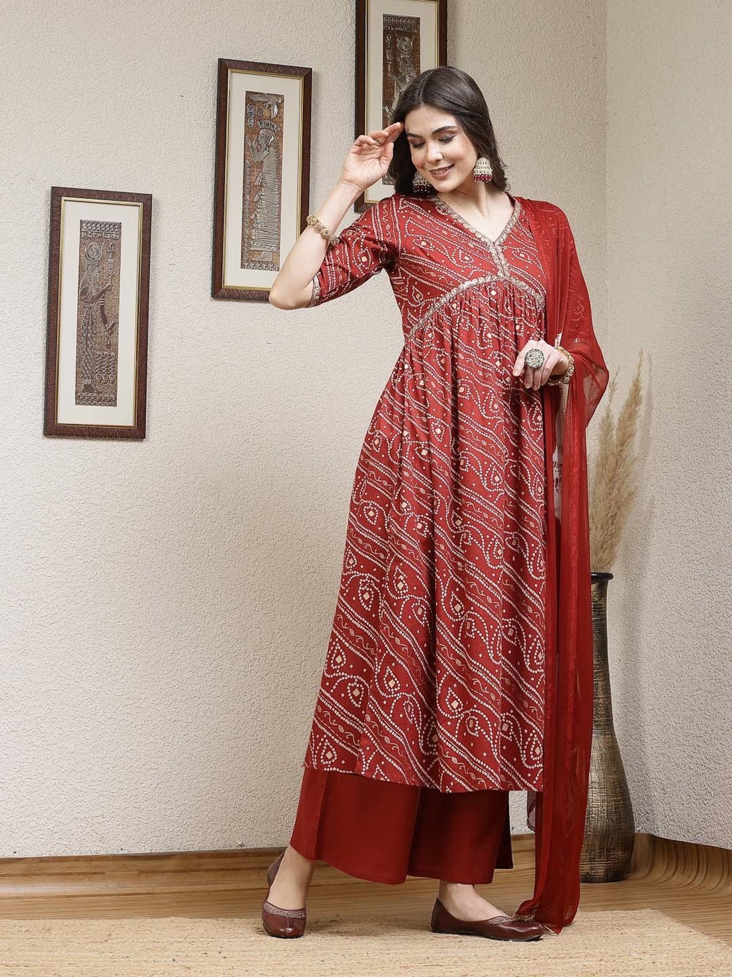 Stylum Rust Printed Kurta Palazzo Set With Dupatta