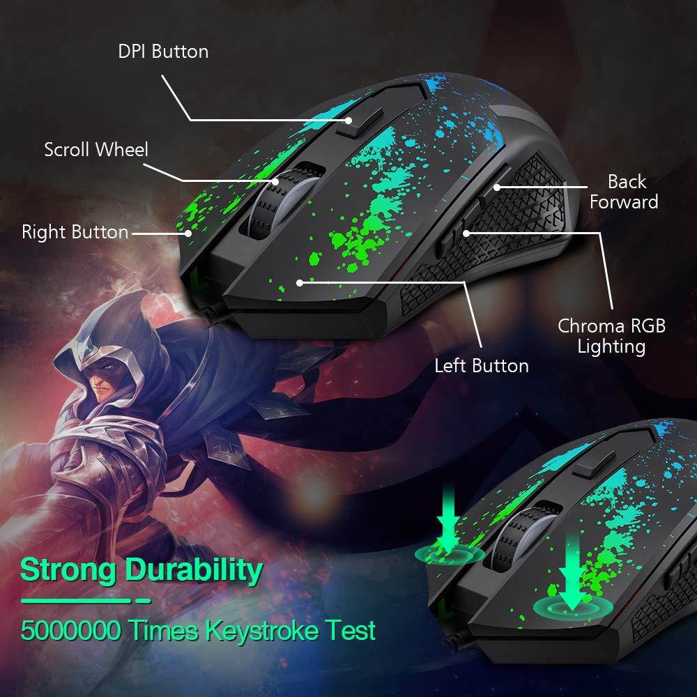 BENGOO Gaming Mouse Wired, USB Ergonomic Computer Mice with Chroma RGB Backlit, 6400 DPI Adjustable, 6 Programmable Buttons, Optical Laptop PC Gamer Gaming Mice with Weight Tuning