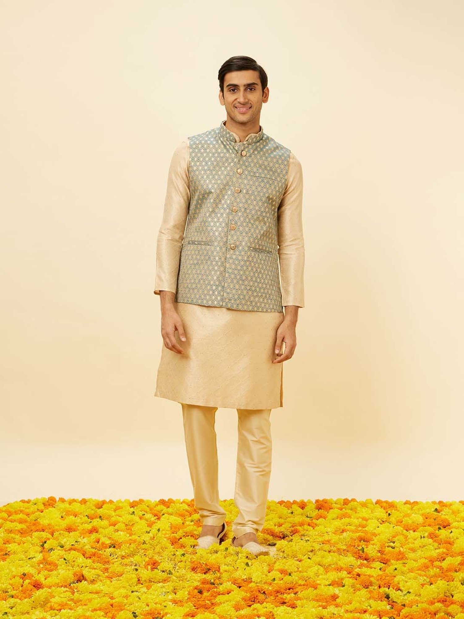 Manyavar Blue Regular Fit Self Design Nehru Jacket