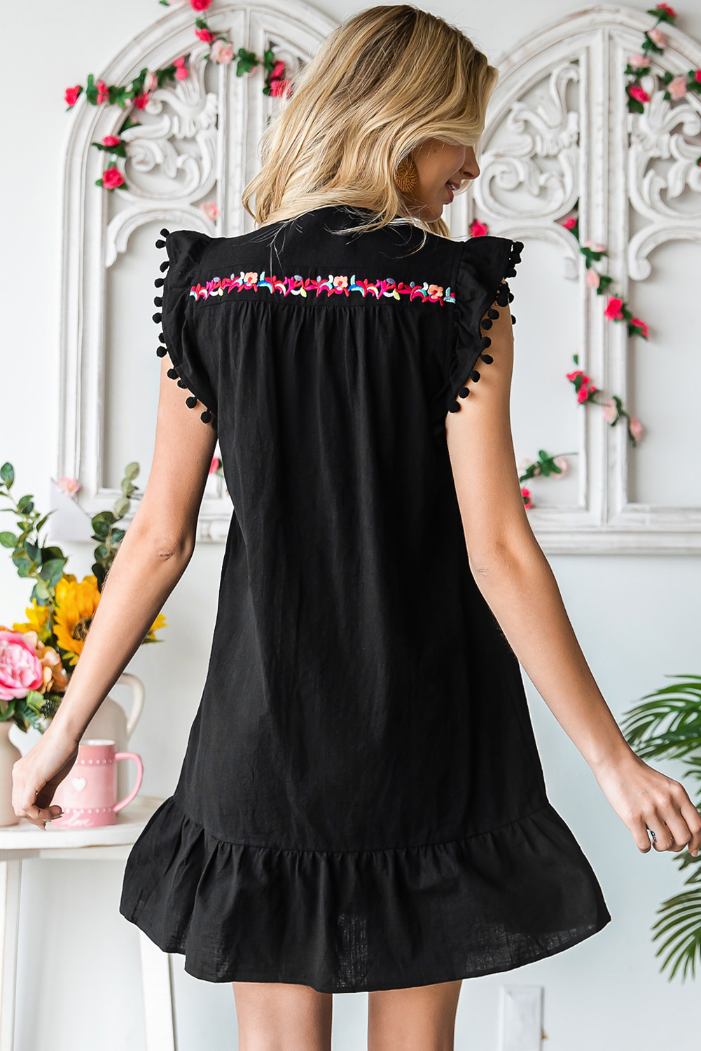 Black Pom Pom A Line Ruffled Sleeveless Short Dress