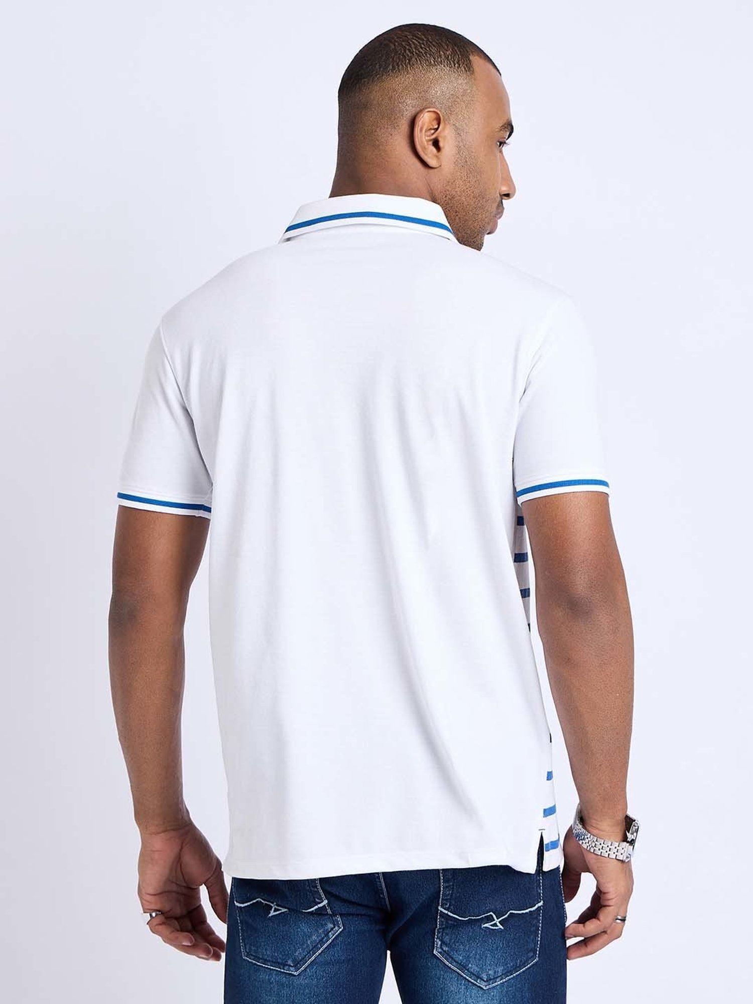 EDRIO White & Blue Regular Fit Striped Polo T-Shirt