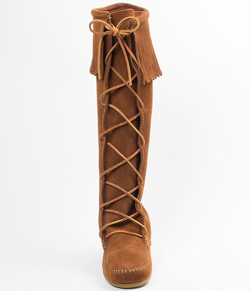 Minnetonka Women's Hardsole Suede Fringe Lace Up Boots