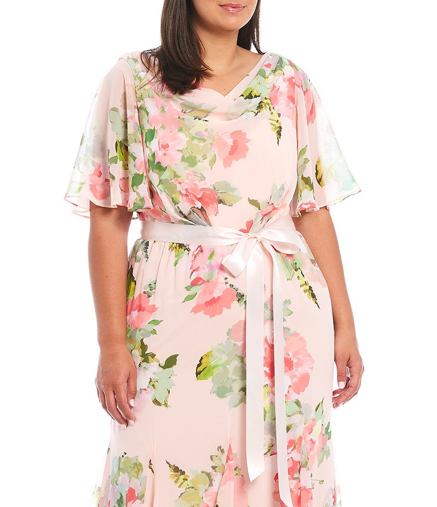 Adrianna Papell Plus Size Flutter Short Sleeve Cowl Neck Back Floral Chiffon Gown
