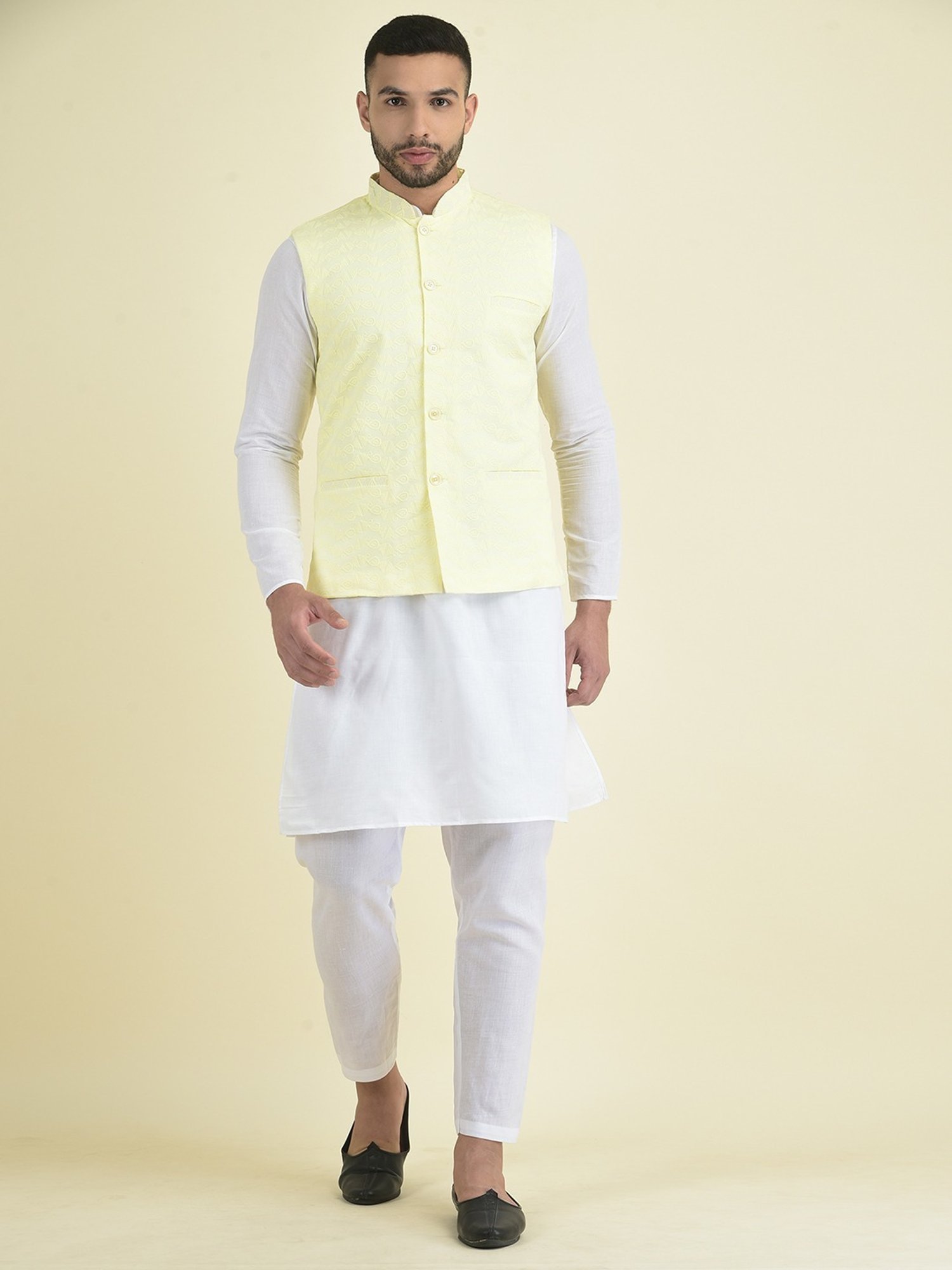 Deyann Yellow & White Cotton Regular Fit Embroidered Kurta Set With Jacket