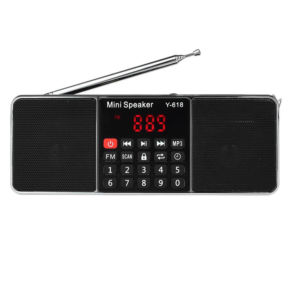 Y-618 Mini FM Radio Digital Portable Dual 3W Stereo Speaker MP3 Audio Player High Fidelity Sound Quality w/ 2 Inch Display Screen Support USB Drive TF Card AUX-IN Earphone-out
