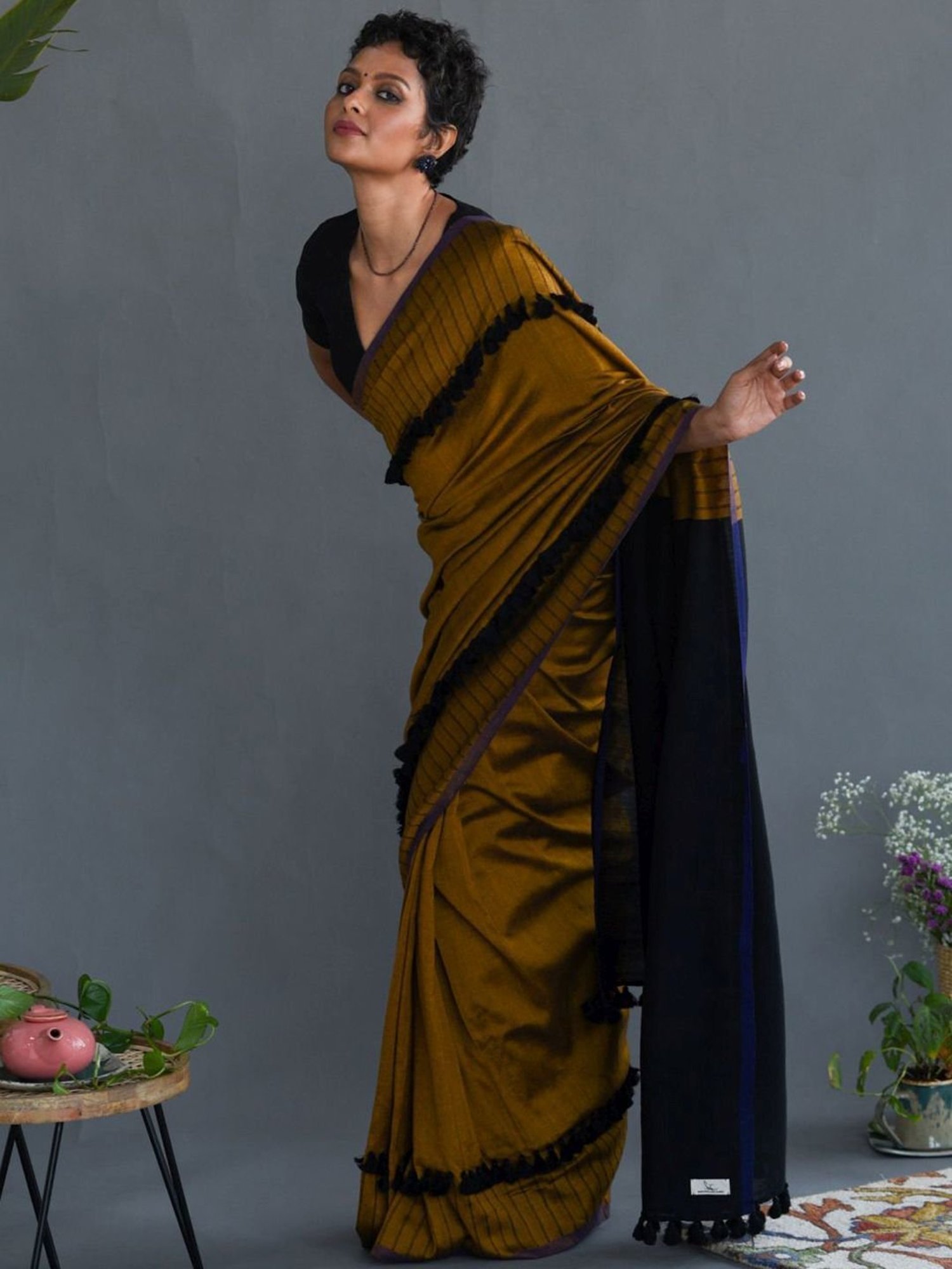 Suta Mustard & Black Plain Saree Without Blouse