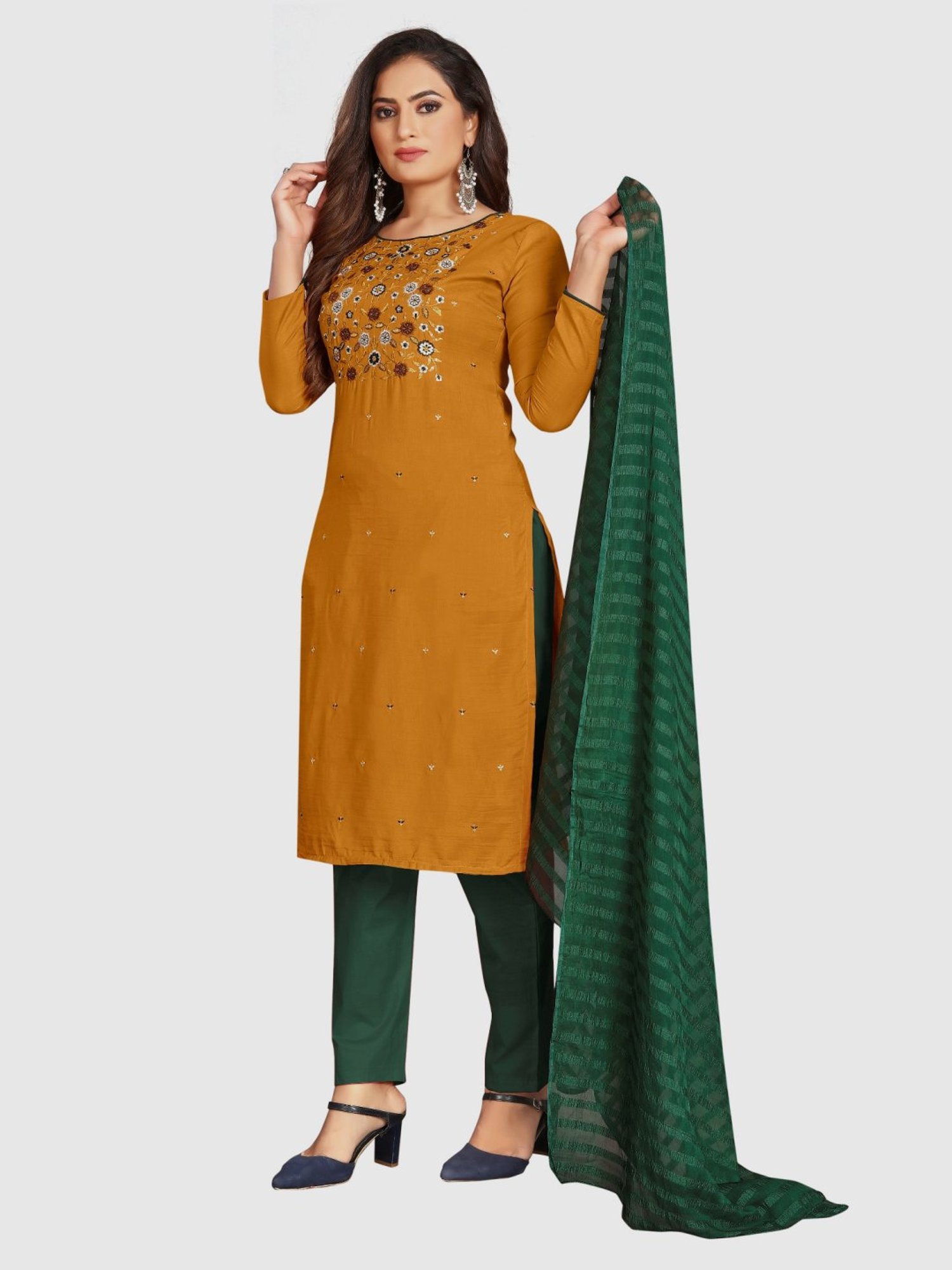 APNISHA Mustard Cotton Embroidered Unstitched Dress Material