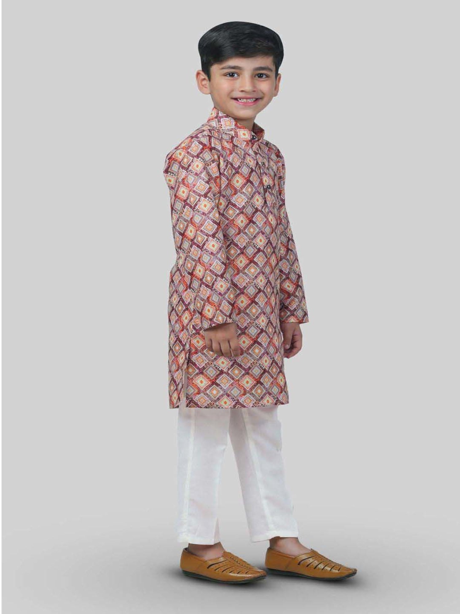 Ahhaaaa Kids Pink & White Cotton Handloom Full Sleeves Kurta Set