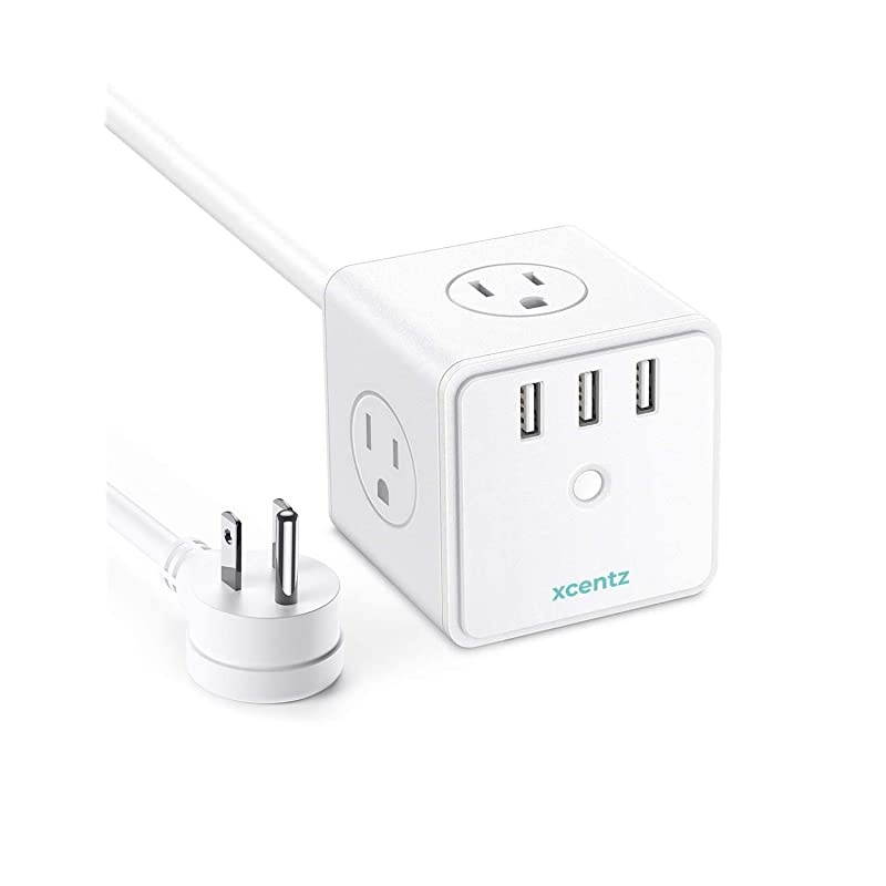 Power Strip Cube White with USB 4 Outlet and 3 USB Ports Surge Protector Power Strip Flat Plug with 5 ft Extension Cord Overload Protection Switch Control Compact for Desktop Office Home
